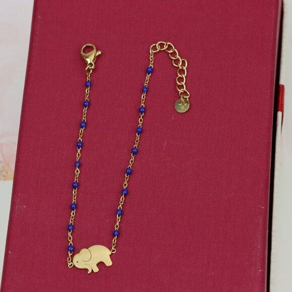 Charming Yellow Gold Plated Elephant Bracelet with Blue Beads, XPBL0621 - Picture 9 of 11